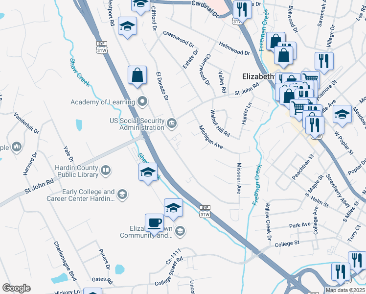 map of restaurants, bars, coffee shops, grocery stores, and more near 598 Maryland Ct in Elizabethtown