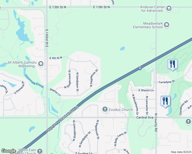 map of restaurants, bars, coffee shops, grocery stores, and more near 856 Sagebrush Court in Wichita