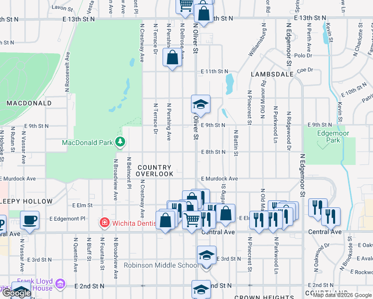 map of restaurants, bars, coffee shops, grocery stores, and more near 905 North Oliver Street in Wichita