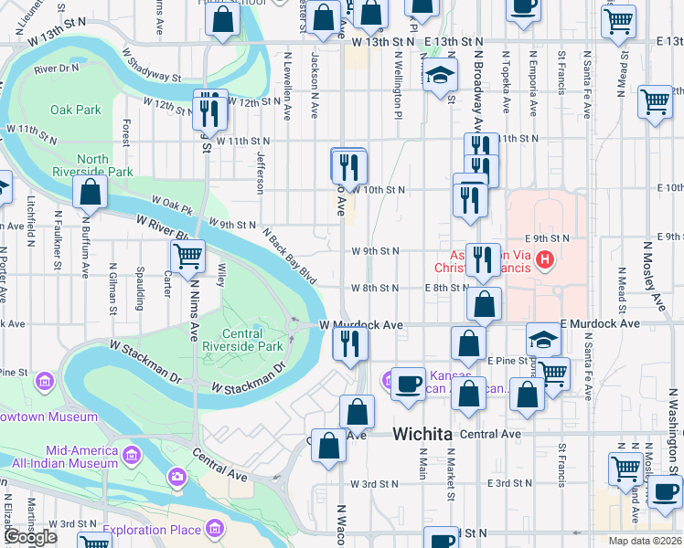 map of restaurants, bars, coffee shops, grocery stores, and more near in Wichita