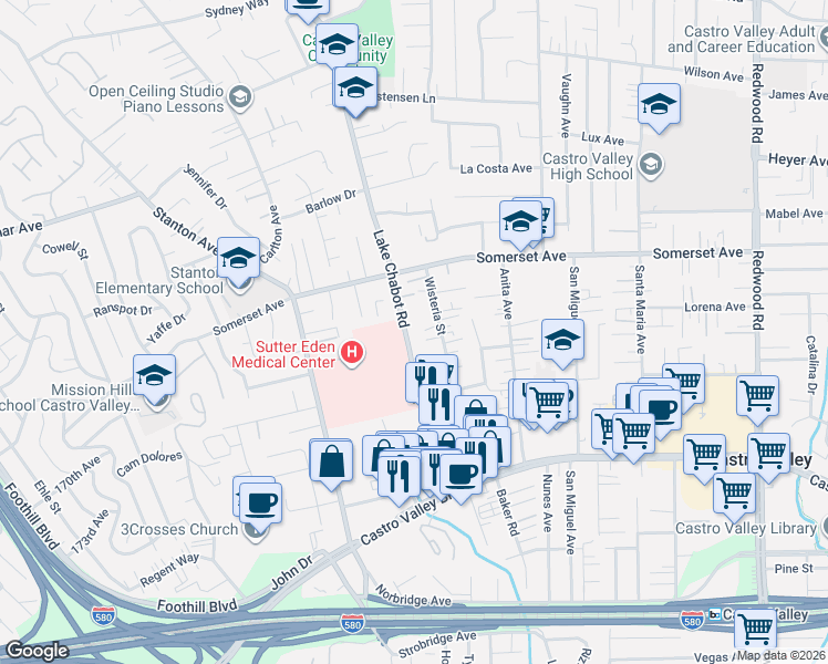 map of restaurants, bars, coffee shops, grocery stores, and more near 19942 Lake Chabot Road in Castro Valley