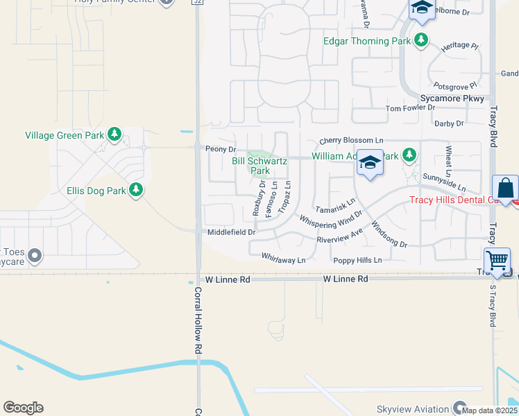 map of restaurants, bars, coffee shops, grocery stores, and more near 4348 Roxbury Drive in Tracy