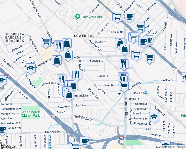 map of restaurants, bars, coffee shops, grocery stores, and more near 443 Nabor Street in San Leandro