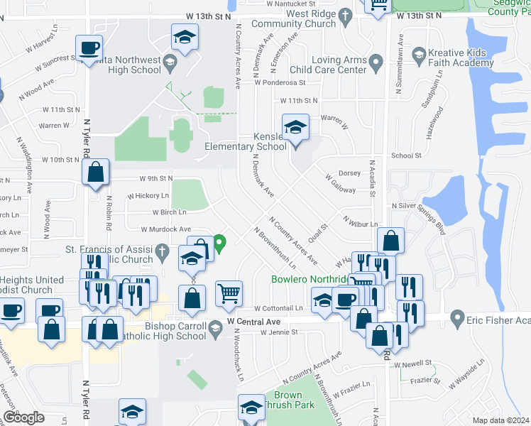 map of restaurants, bars, coffee shops, grocery stores, and more near 7798 School Street in Wichita
