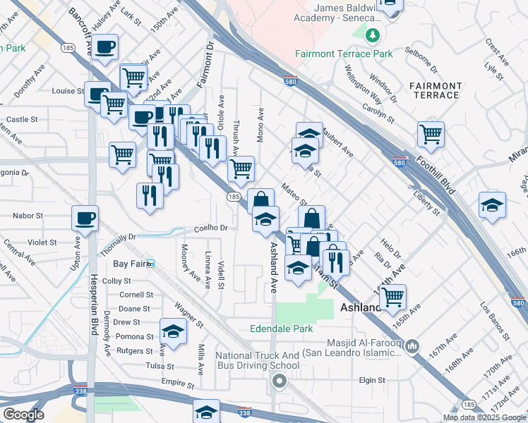 map of restaurants, bars, coffee shops, grocery stores, and more near 15974 East 14th Street in San Leandro
