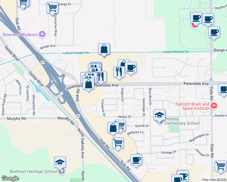 map of restaurants, bars, coffee shops, grocery stores, and more near 3633 Woodglen Drive in Modesto