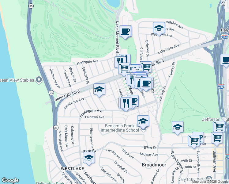 map of restaurants, bars, coffee shops, grocery stores, and more near 61 Windsor Drive in Daly City