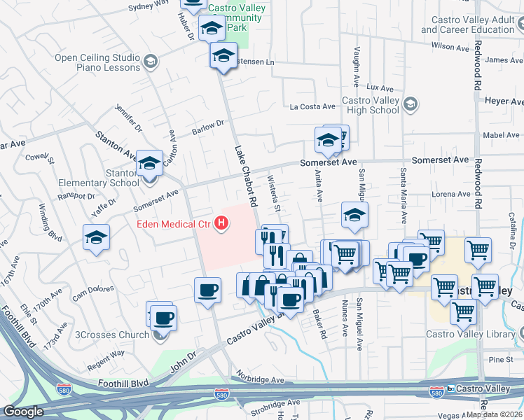 map of restaurants, bars, coffee shops, grocery stores, and more near 19942 Lake Chabot Rd in Castro Valley