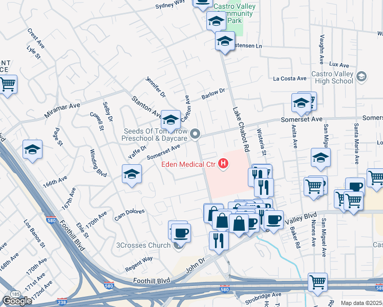 map of restaurants, bars, coffee shops, grocery stores, and more near 19720 Michaels Court in Castro Valley