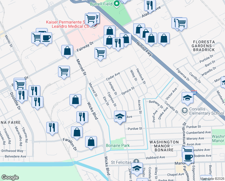 map of restaurants, bars, coffee shops, grocery stores, and more near 14447 Juniper Street in San Leandro