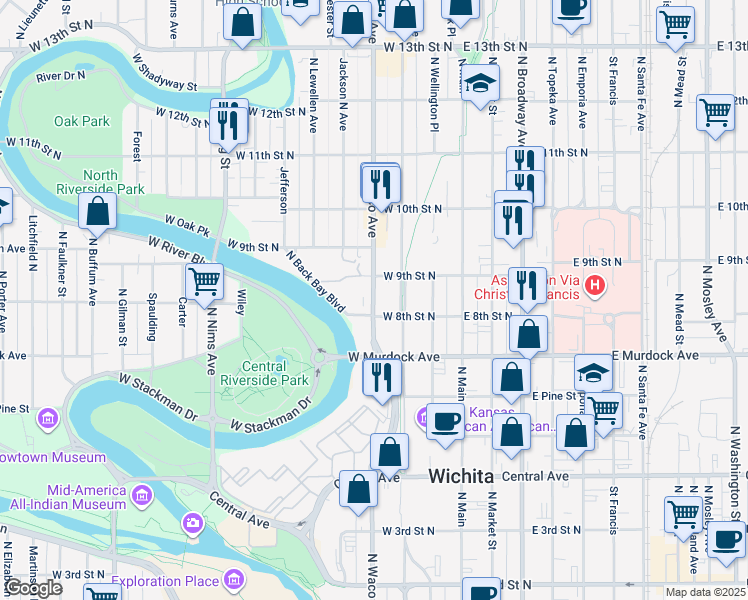 map of restaurants, bars, coffee shops, grocery stores, and more near in Wichita