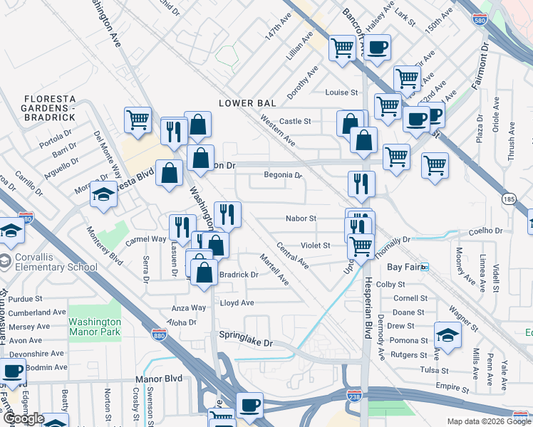 map of restaurants, bars, coffee shops, grocery stores, and more near 439 Nabor Street in San Leandro