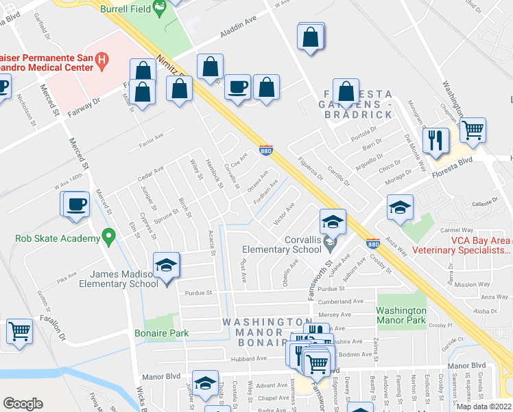 map of restaurants, bars, coffee shops, grocery stores, and more near 1254 Fordham Avenue in San Leandro