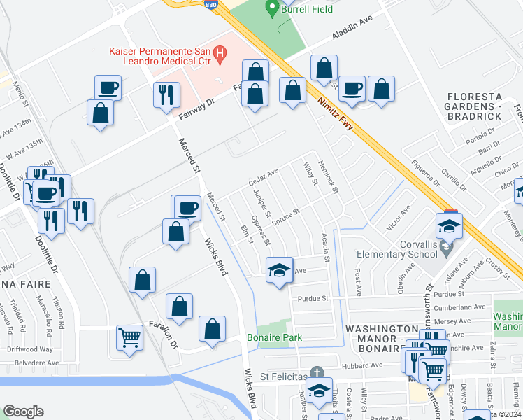 map of restaurants, bars, coffee shops, grocery stores, and more near 14447 Juniper Street in San Leandro