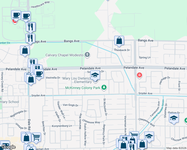 map of restaurants, bars, coffee shops, grocery stores, and more near 4113 Spring Mountain Court in Modesto
