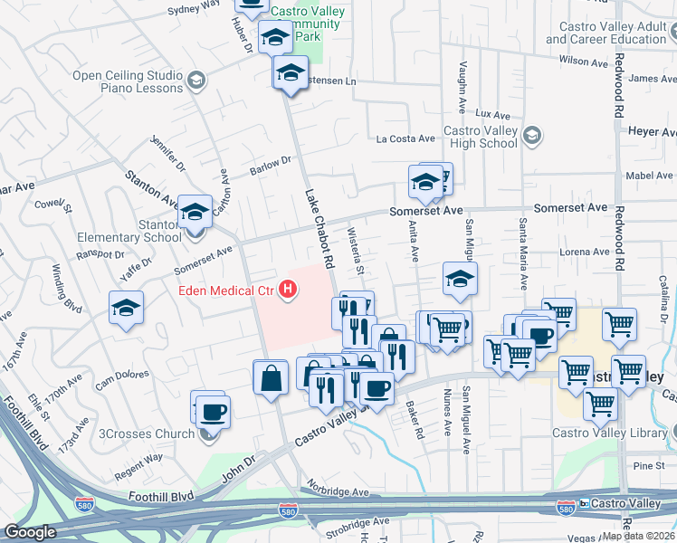 map of restaurants, bars, coffee shops, grocery stores, and more near 19942 Lake Chabot Road in Castro Valley