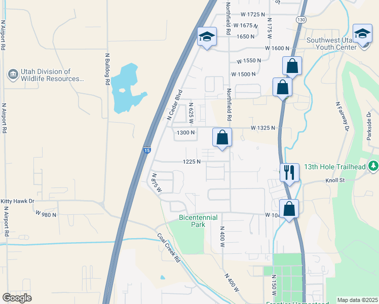 map of restaurants, bars, coffee shops, grocery stores, and more near 1258 North 650 West in Cedar City