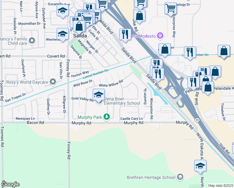 map of restaurants, bars, coffee shops, grocery stores, and more near 4216 Tackett Court in Salida