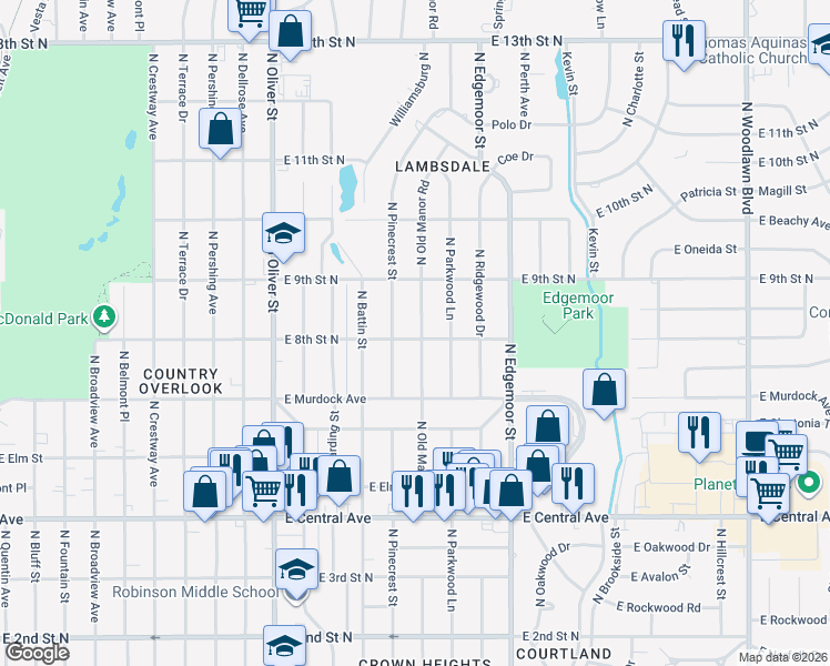 map of restaurants, bars, coffee shops, grocery stores, and more near 903 North Old Manor Road in Wichita