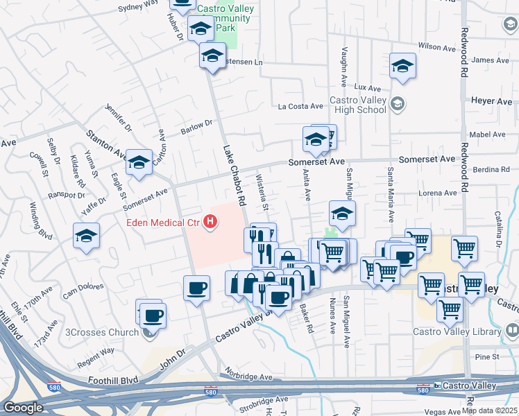 map of restaurants, bars, coffee shops, grocery stores, and more near 19979 Wisteria Street in Castro Valley