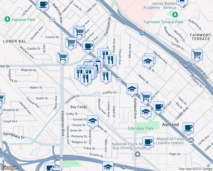 map of restaurants, bars, coffee shops, grocery stores, and more near 15555 East 14th Street in San Leandro