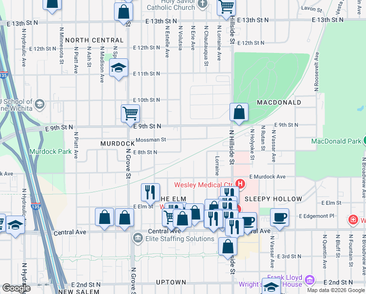map of restaurants, bars, coffee shops, grocery stores, and more near 908 North Volutsia in Wichita
