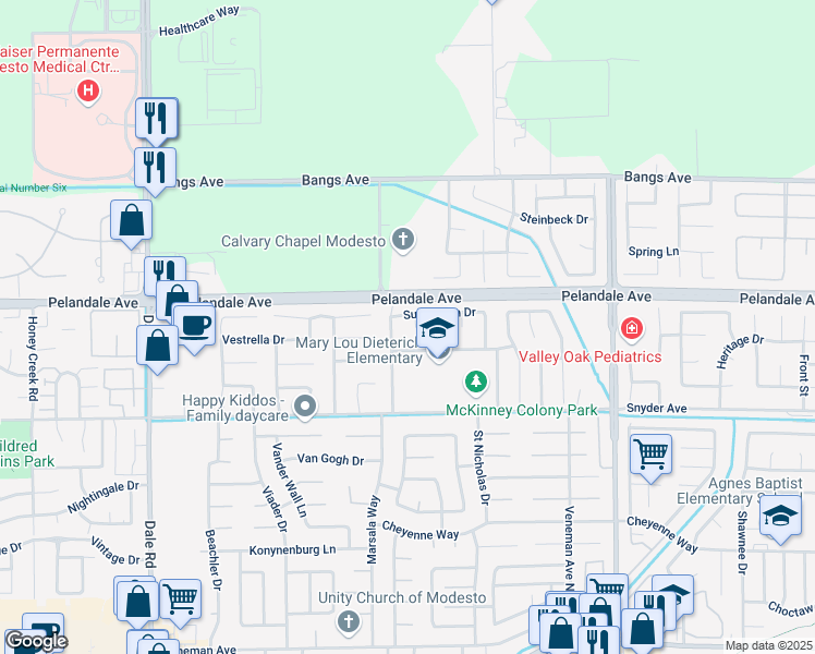 map of restaurants, bars, coffee shops, grocery stores, and more near 4109 Spring Mountain Court in Modesto