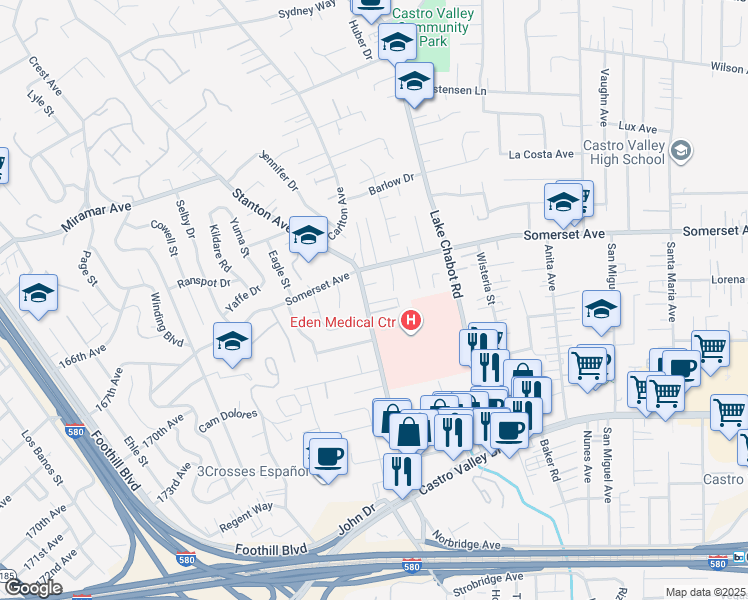 map of restaurants, bars, coffee shops, grocery stores, and more near 19792 Stanton Avenue in Castro Valley