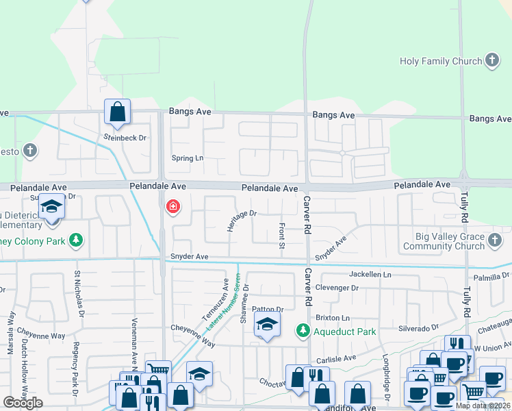 map of restaurants, bars, coffee shops, grocery stores, and more near 4204 Keepsake Court in Modesto