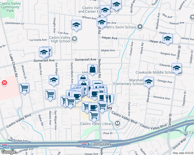 map of restaurants, bars, coffee shops, grocery stores, and more near 20077 Redwood Road in Castro Valley