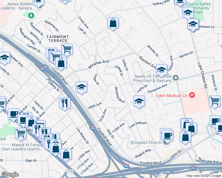 map of restaurants, bars, coffee shops, grocery stores, and more near 1942 Lomita Drive in San Leandro