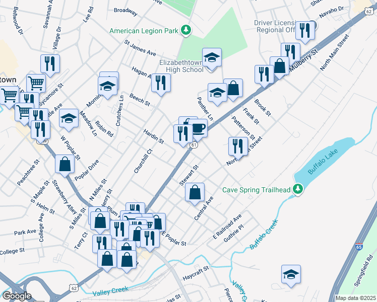 map of restaurants, bars, coffee shops, grocery stores, and more near 200 Beech Street in Elizabethtown