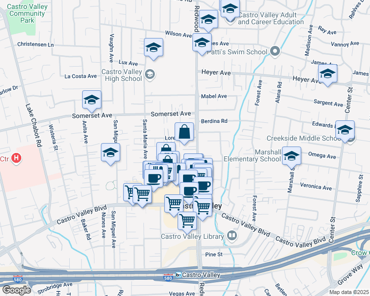 map of restaurants, bars, coffee shops, grocery stores, and more near 20077 Redwood Road in Castro Valley