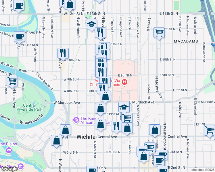 map of restaurants, bars, coffee shops, grocery stores, and more near 918 North Broadway Street in Wichita