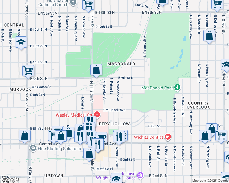 map of restaurants, bars, coffee shops, grocery stores, and more near 3336 Country Club Place in Wichita