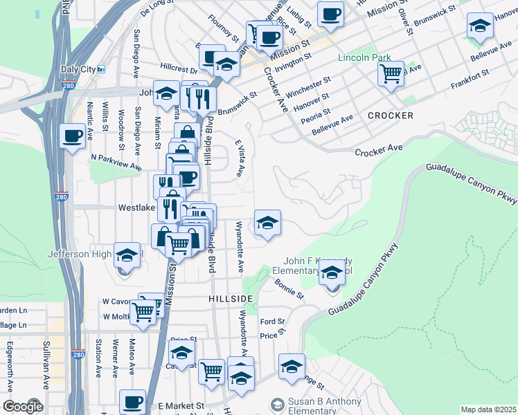 map of restaurants, bars, coffee shops, grocery stores, and more near 85 Lausanne Avenue in Daly City