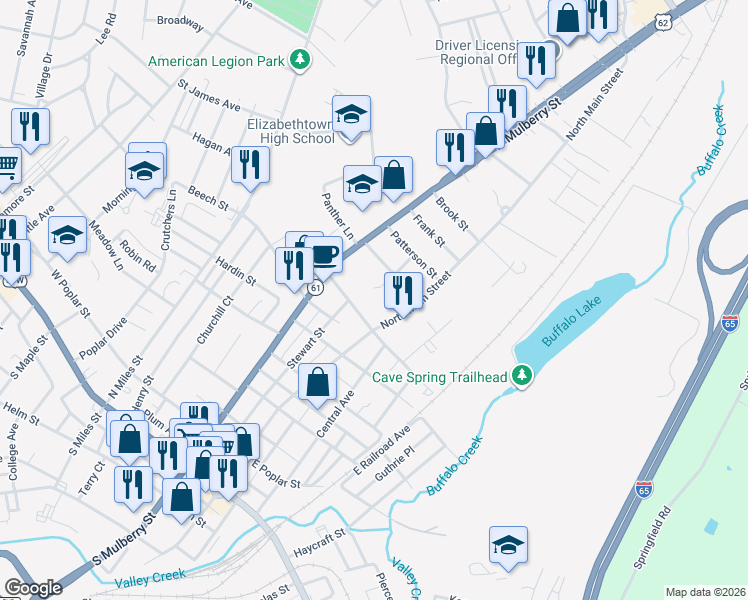 map of restaurants, bars, coffee shops, grocery stores, and more near 610 N Main in Elizabethtown
