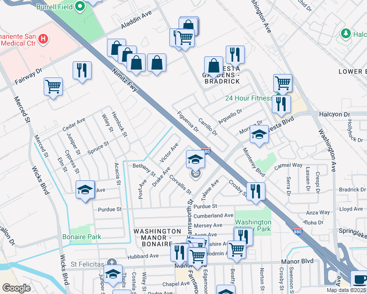 map of restaurants, bars, coffee shops, grocery stores, and more near 1209 Drake Avenue in San Leandro