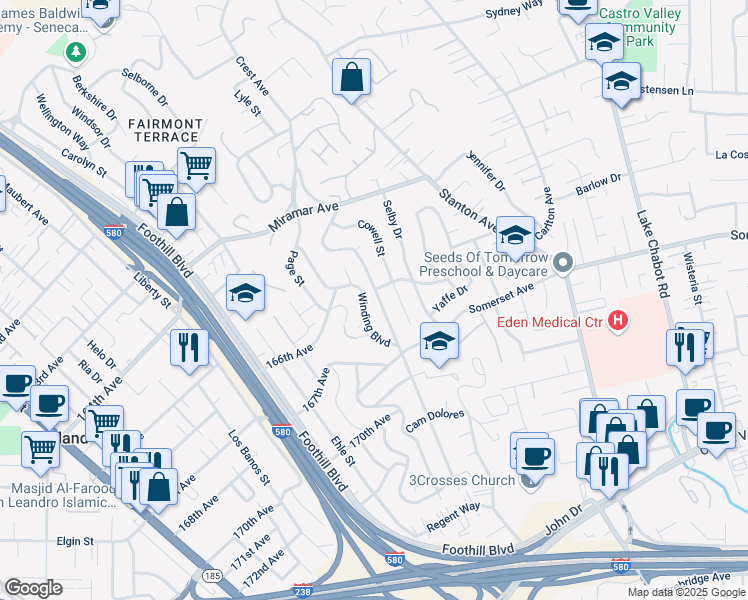 map of restaurants, bars, coffee shops, grocery stores, and more near 16661 Rolando Avenue in San Leandro