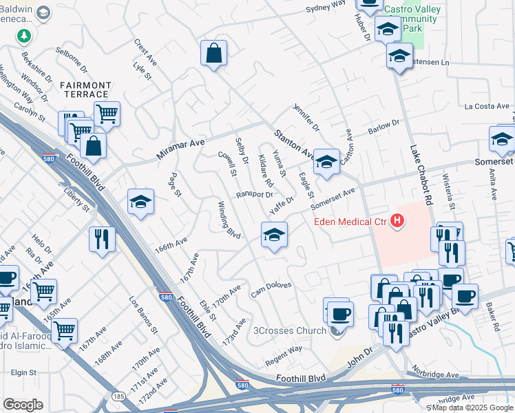 map of restaurants, bars, coffee shops, grocery stores, and more near 16725 Selby Drive in San Leandro