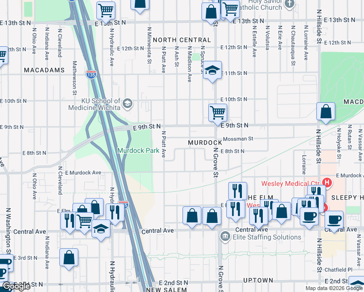 map of restaurants, bars, coffee shops, grocery stores, and more near 2114 East Random in Wichita