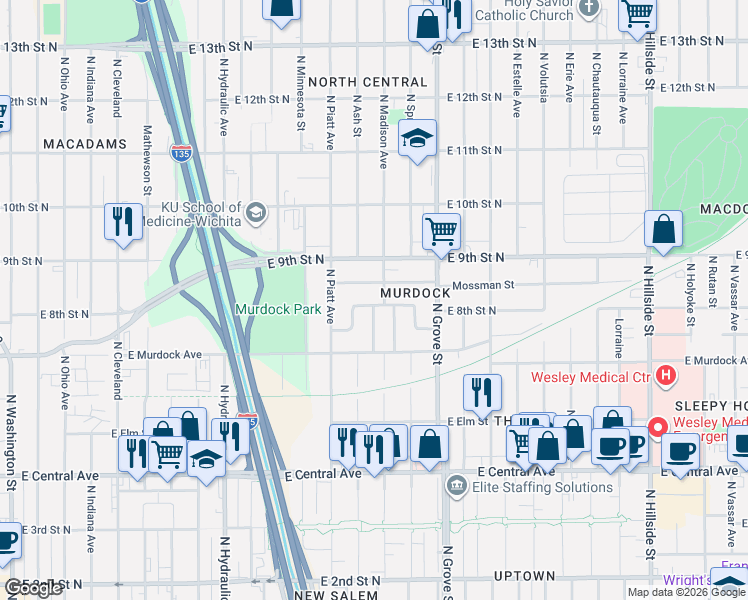 map of restaurants, bars, coffee shops, grocery stores, and more near 2114 East Random in Wichita