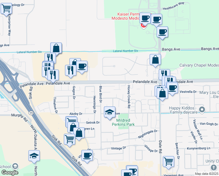 map of restaurants, bars, coffee shops, grocery stores, and more near 3308 Windmill Drive in Modesto