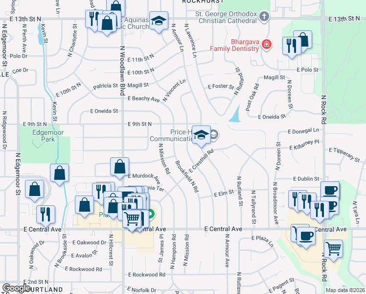 map of restaurants, bars, coffee shops, grocery stores, and more near 811 North Stratford Lane in Wichita