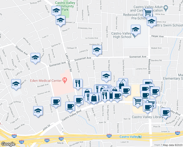 map of restaurants, bars, coffee shops, grocery stores, and more near 20014 Anita Avenue in Castro Valley