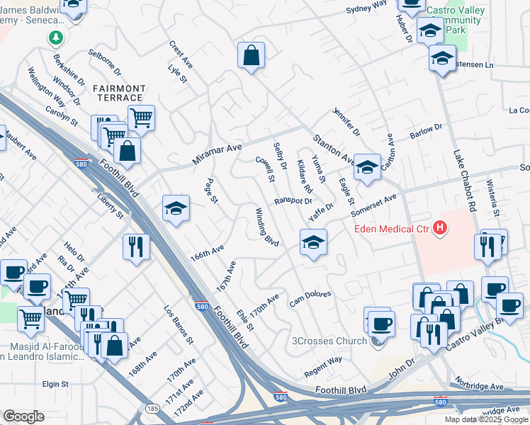 map of restaurants, bars, coffee shops, grocery stores, and more near 16661 Rolando Avenue in San Leandro