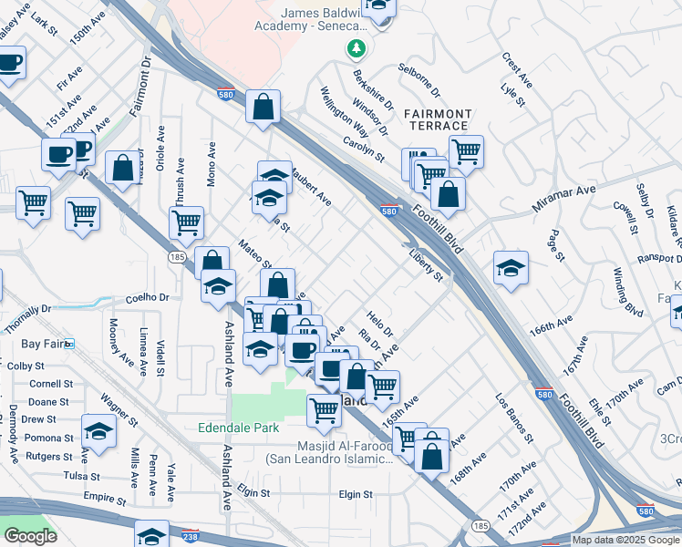 map of restaurants, bars, coffee shops, grocery stores, and more near 1600 162nd Avenue in San Leandro