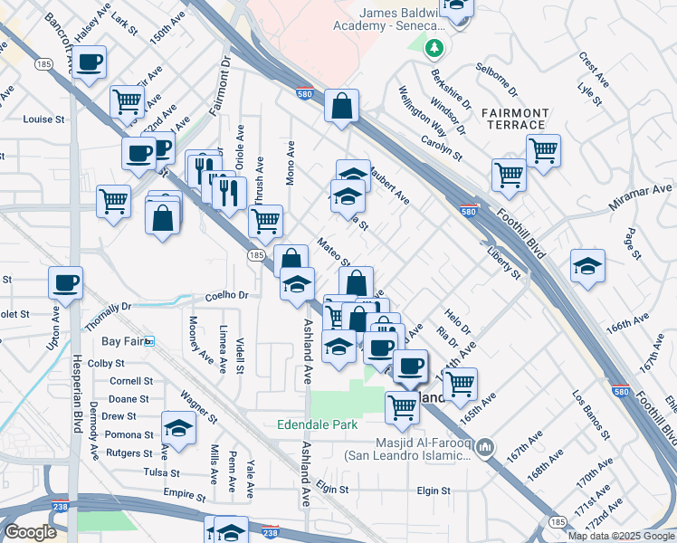 map of restaurants, bars, coffee shops, grocery stores, and more near 16005 Mateo Street in San Leandro