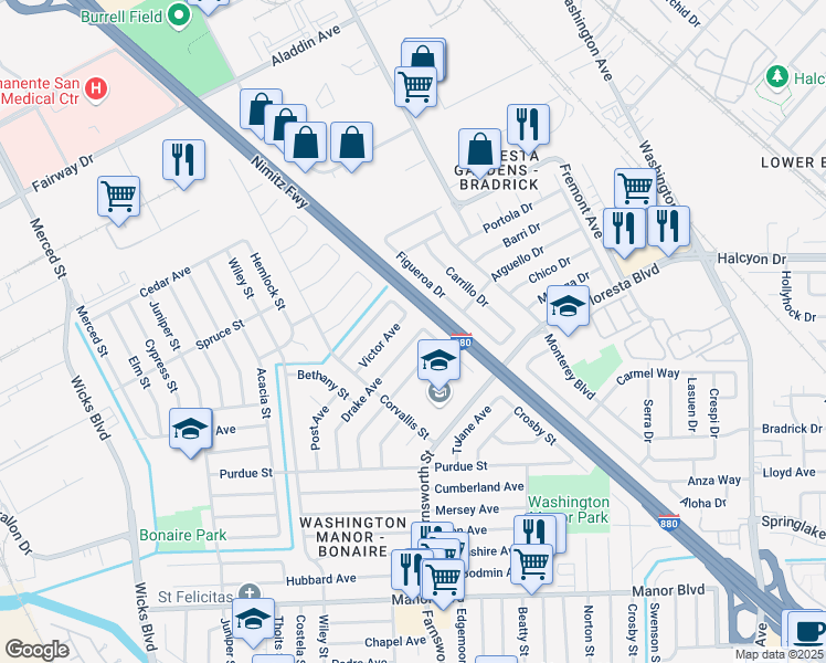 map of restaurants, bars, coffee shops, grocery stores, and more near 1209 Drake Avenue in San Leandro