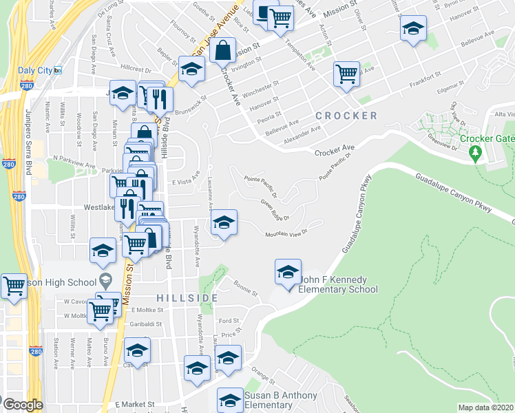map of restaurants, bars, coffee shops, grocery stores, and more near 483 Green Ridge Drive in Daly City